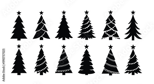 Collection of twelve distinct black silhouette icons depicting various styles of festive Christmas trees adorned with stars and twinkling string lights for holiday design