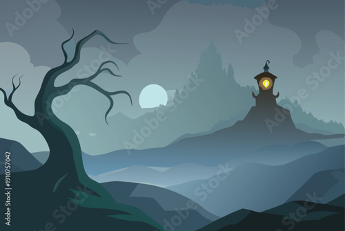 Misty Moor With Single Flickering Lantern