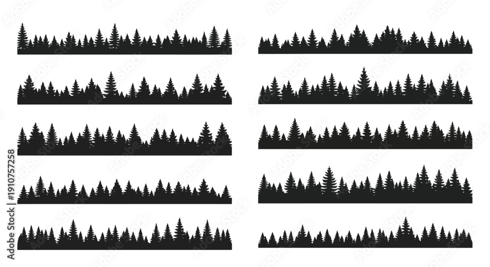 Fototapeta premium Collection of Silhouetted Evergreen Forest Tree Lines.