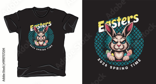 Angry easter rabbit mascot vector with colorful eggs and spring text