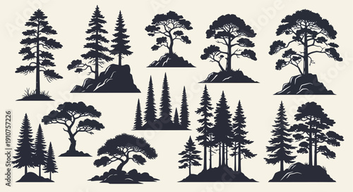 Collection of Diverse Pine and Evergreen Tree Silhouettes.