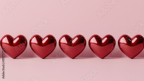 Wallpaper Mural Five shiny red hearts aligned on a soft pink background, symbolizing love and affection. Torontodigital.ca