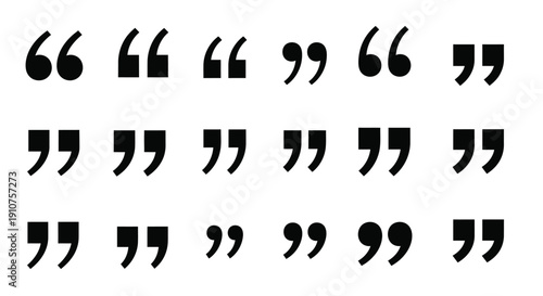 Collection of various black typography quotation mark styles including curly straight and serif variations for design projects requiring distinct speech symbols or textual emphasis elements