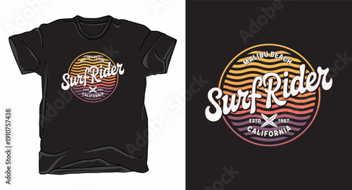 Malibu beach surf rider graphic t-shirt design vintage style surf typography illustration with waves and surfboards