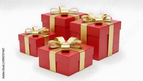 Four red gift boxes with elegant gold ribbons and bows arranged on a clean white surface.