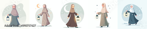 vector muslim woman walking holding ramadan lantern