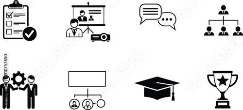 Set of vector silhouette design icons for business education and achievement bundle