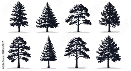 Collection of Diverse Evergreen Trees in Silhouette Style.