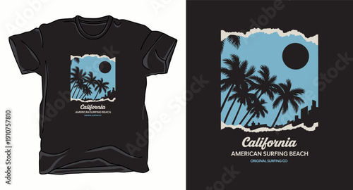 California american surfing beach tshirt design with palm tree silhouettes and sunset over blue ocean background
