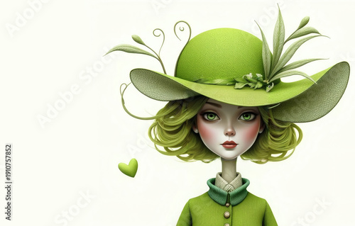 A mannequin with lime green hairs and big eyes wears an extravagant lime green hat decorated with lime green flowers against a white background. Abstract illustration.