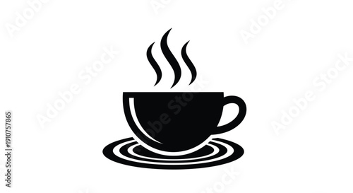 Black and white vector icon depicting a steaming hot beverage cup resting securely on a matching saucer indicating warmth and refreshment readiness for morning or afternoon break time.