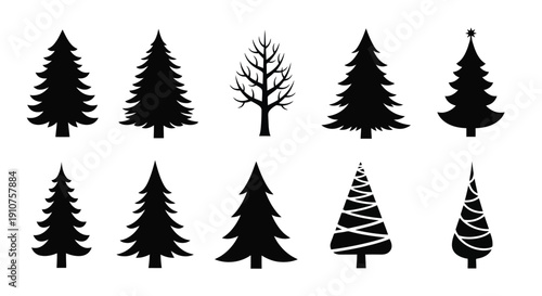 Collection of Diverse Black Christmas Tree Silhouettes.