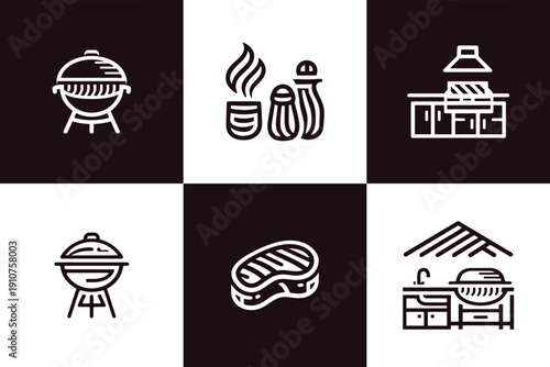 Icon Set Vector of 6 Barbecue Grilling Outdoor Kitchen Appliances Symbols
