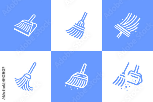 Icon Set Vector of 6 Cleaning Tools Broom and Dustpan Housekeeping