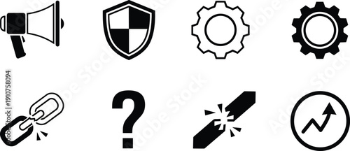 Set of vector silhouette design icons with business and technology symbols bundle of 8 black and white illustrations