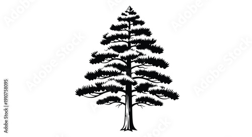 Stylized Black and White Illustration of a Tall Evergreen Tree.