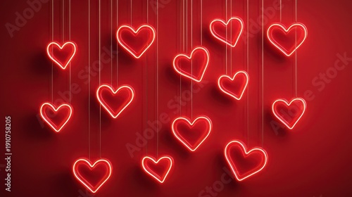 Wallpaper Mural Red neon heart lights hanging against a red background, creating a romantic and vibrant atmosphere. Torontodigital.ca
