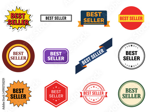 Collection of best seller badges and labels in various shapes and colors