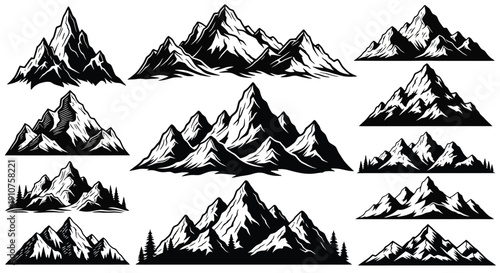 Collection of Stylized Mountain Range Illustrations.