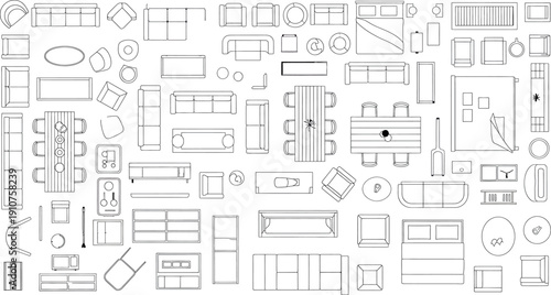 A collection of various furniture and architectural line drawings isolated on transparent background