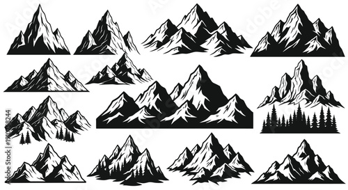 Collection of Stylized Mountain Range Illustrations.