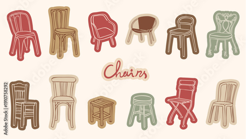 vector illustration set of chairs with different style doodle hand drawn sketch collection set