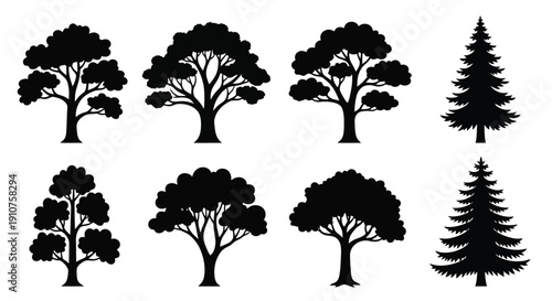 Collection of Diverse Tree Silhouettes in Black and White.