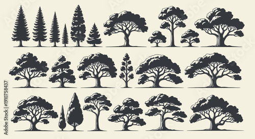 Collection of Diverse Tree Silhouettes in Various Styles.