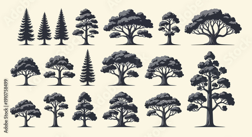 Collection of Diverse Stylized Trees in Various Shapes and Sizes.