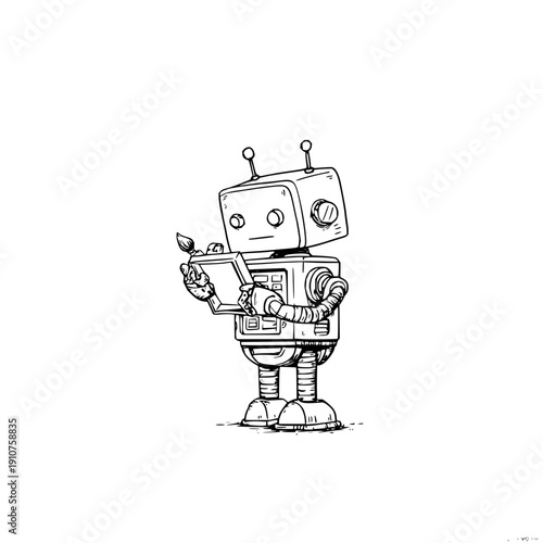 A cute robot holding a tablet and stylus standing alone on a white background with a friendly expression and metallic body