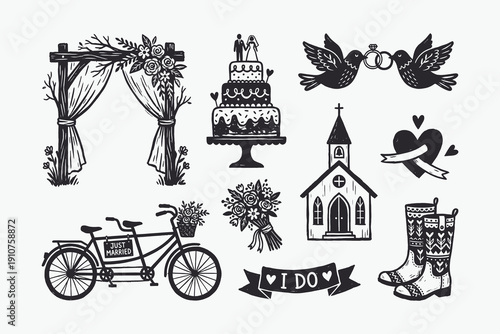 Black and White Rustic Wedding Icons Collection in Hand-Drawn Woodcut Style