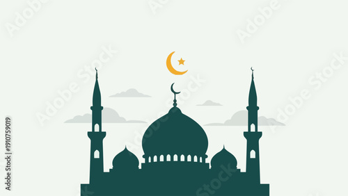 illustration of mosque silhouette for Ramadan theme, modern minimalist Islamic architecture, simple shapes, solid colors