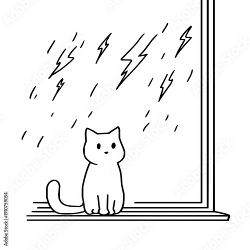Curious cat sitting by window on rainy stormy day with lightning