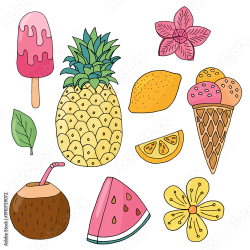 Vector - summer set: ice cream, coconut, pineapple, watermelon, leaf, flowers, lemon, lemon wedge.