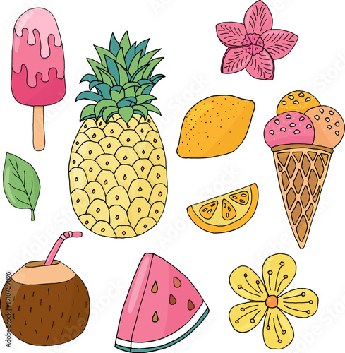 Vector - summer set: ice cream, coconut, pineapple, watermelon, leaf, flowers, lemon, lemon wedge.