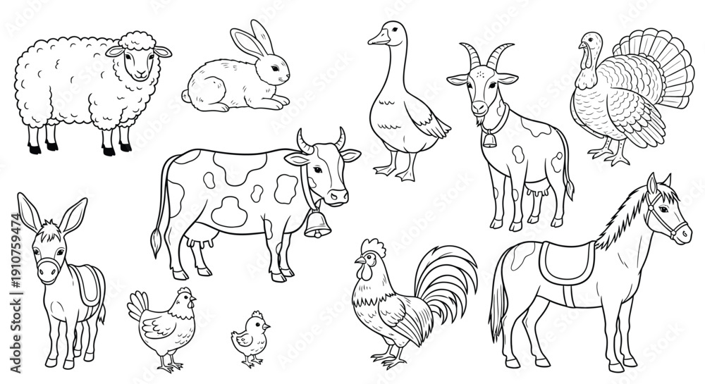 Obraz premium Collection of charming black and white outline drawings featuring various domestic farm animals perfect for children's coloring books and educational materials illustrating barnyard life.