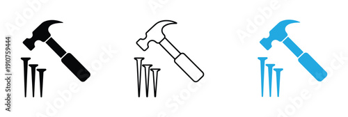 Simple black and white line icon illustrating a hammer striking a nail for construction or repair work. Hammers and nails in various styles for construction and DIY projects