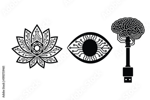 Black and White Techno-Organic Symbols for AI and Digital Spirituality