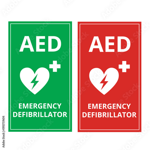 Green and red AED emergency defibrillator sign isolated on a white background