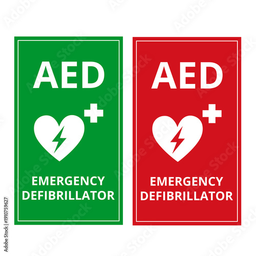Green and red AED emergency defibrillator sign isolated on a white background