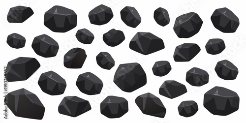 A collection of dark jagged rocks isolated on a white background