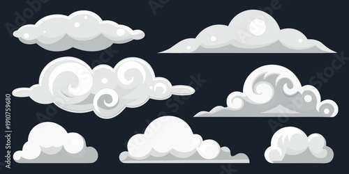 A collection of stylized fluffy white clouds against a dark background