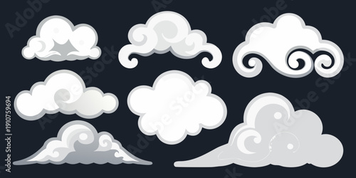 Stylized white clouds arranged in various swirling and puffy shapes