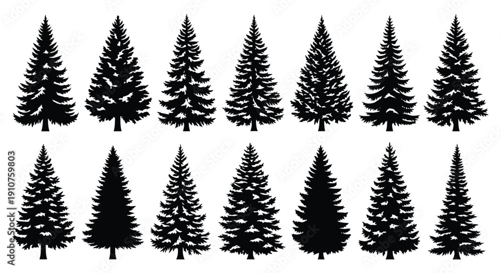 Obraz premium Collection of Diverse Evergreen Pine Tree Silhouettes.