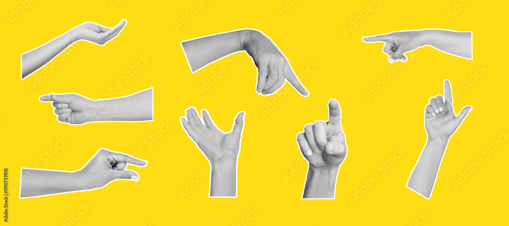 Obraz premium Woman and man hands doing different gestures on a yellow background