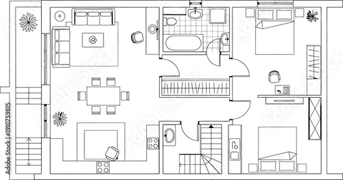 A blurry black and white floor plan image of a house isolated on transparent background