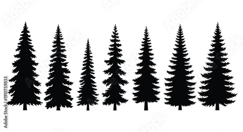 Collection of Black Pine Tree Silhouettes in a Row.