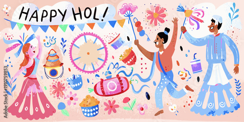 A colorful illustration depicting joyful celebrations of the holi festival
