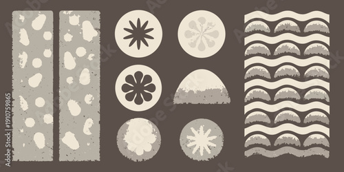 Abstract botanical illustrations arranged in a grid pattern with neutral tones