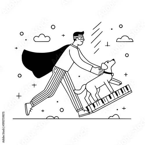 Man in superhero costume runs with dog on piano outdoors under cloudy sky